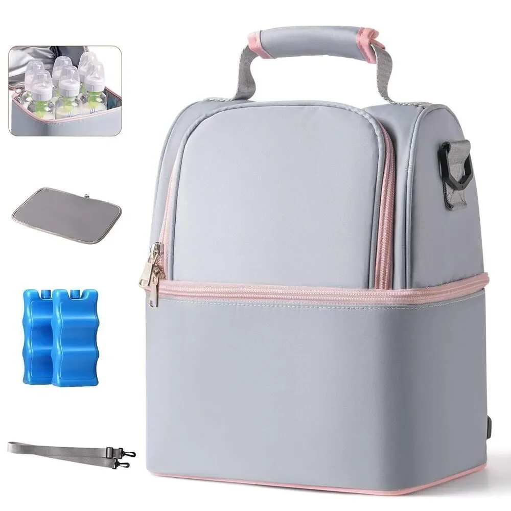 NCVI Breastmilk Cooler Bag 2 Ice Packs Holds 6 Bottles Double Layer Grey Pink
